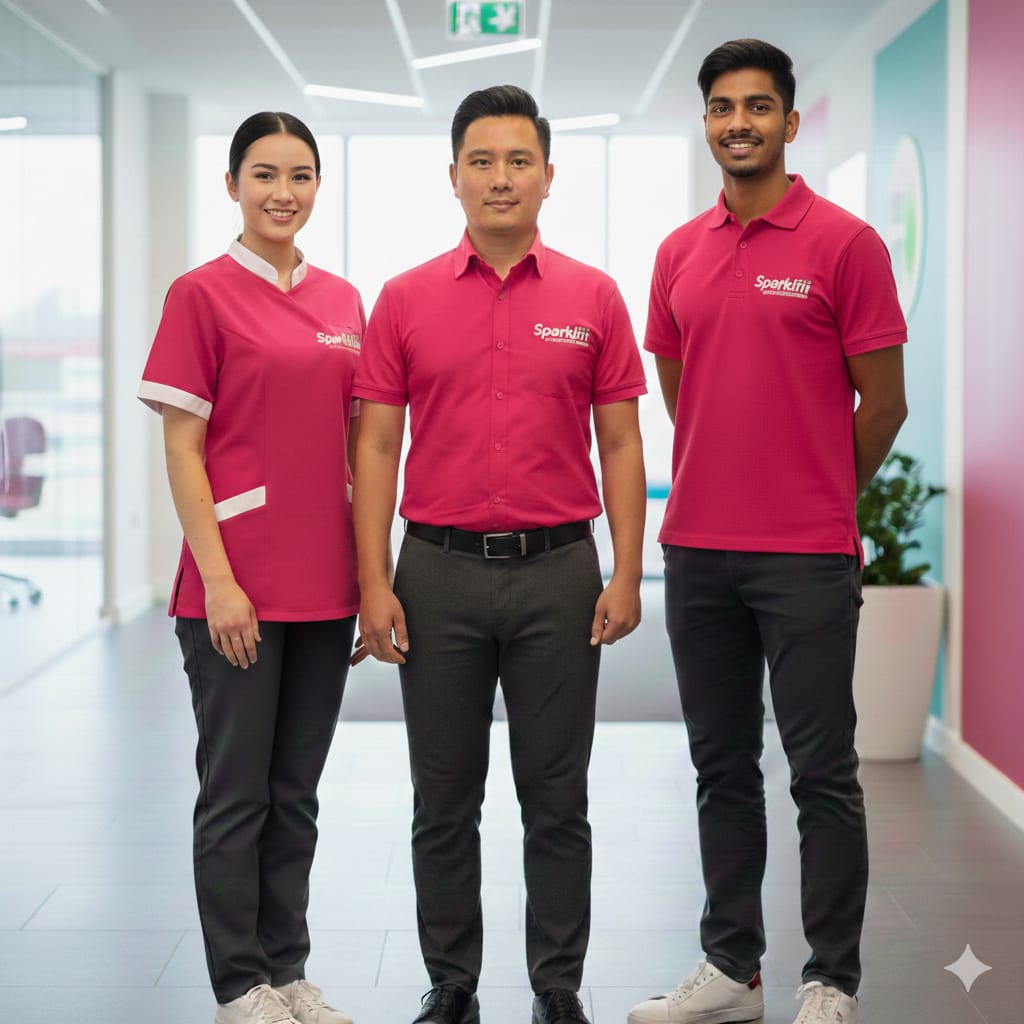 Sparkliii professional service team in branded pink uniforms